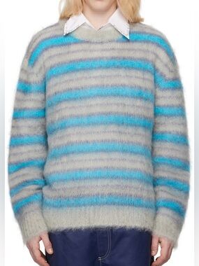 NWT Marni Unisex Mohair Crewneck Sweater in Gray and Blue Stripes